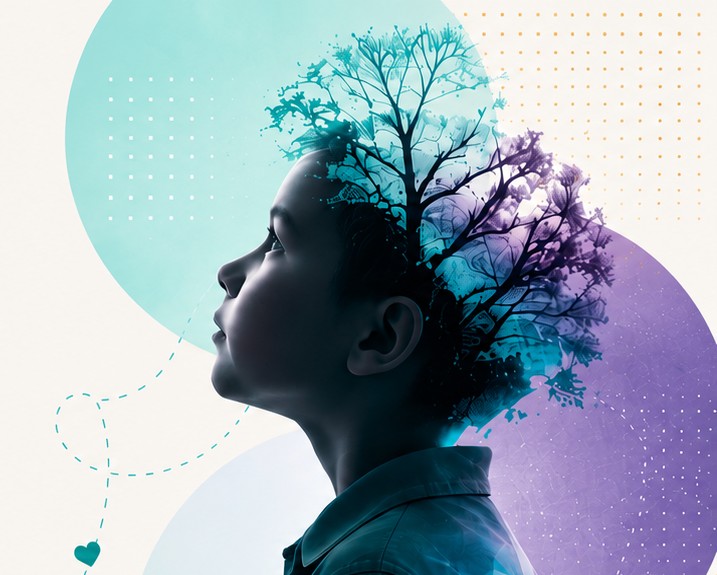 Adolescente mirando hacia arriba con una ilustración de árbol floreciendo desde su cabeza, simbolizando claridad y crecimiento personal